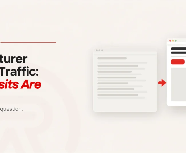 Manufacturer website traffic: title card beside a flat illustration of a long faded list of rows pointing to a single highlighted page