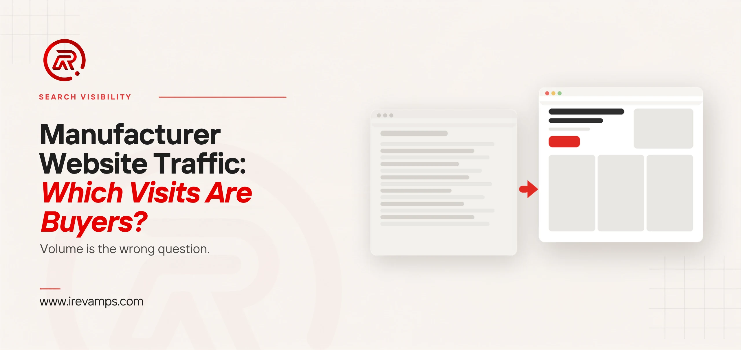 Manufacturer website traffic: title card beside a flat illustration of a long faded list of rows pointing to a single highlighted page
