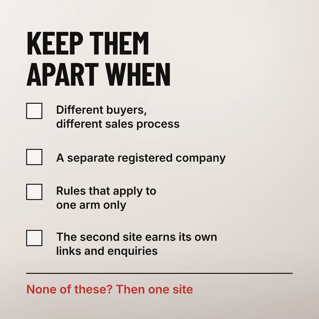 Should You Merge Two Business Websites Into One? 6 A square checklist headed KEEP THEM APART WHEN with four empty square boxes beside Different buyers, different sales process, A separate registered company, Rules that apply to one arm only and The second site earns its own links and enquiries, closed by a scarlet line reading None of these? Then one site