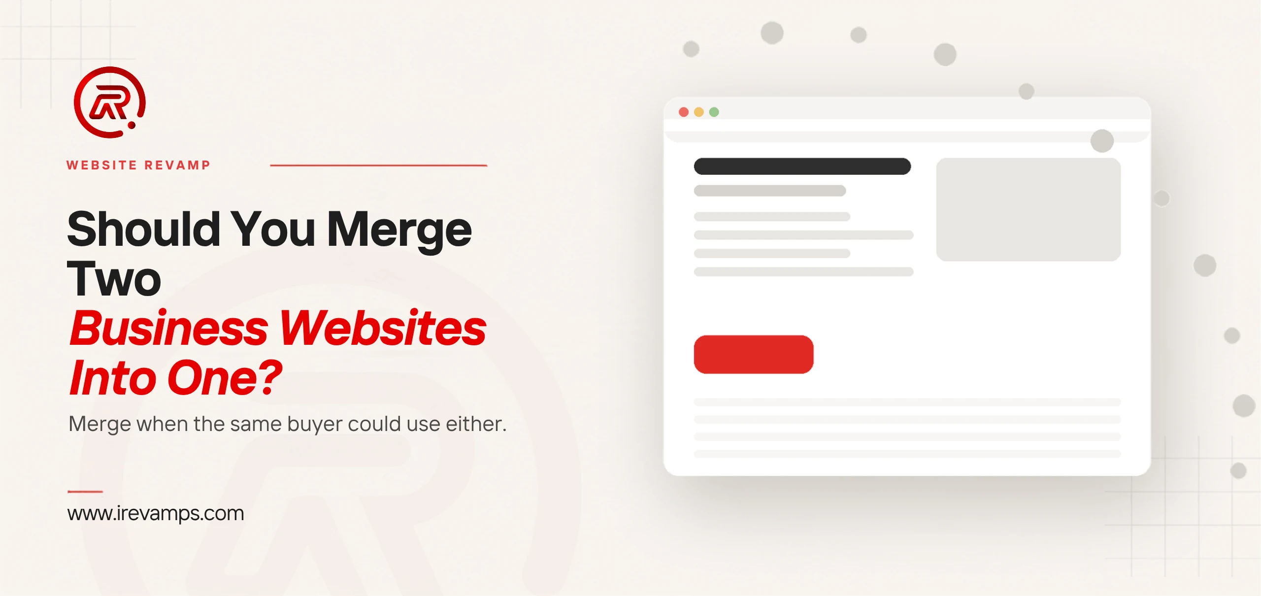 Merge two websites: title card beside a flat illustration of one browser window with a scarlet enquiry button, and a trail of grey dots curving over the page and away past its edge without reaching the button