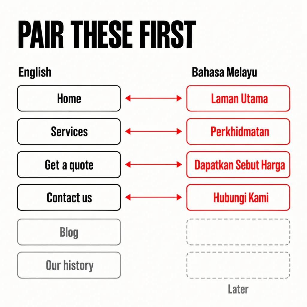 How Should a Malaysian Business Website Handle Two Languages? 6 A labelled square diagram headed PAIR THESE FIRST with English pages Home, Services, Get a quote and Contact us joined by scarlet lines to Laman Utama, Perkhidmatan, Dapatkan Sebut Harga and Hubungi Kami under Bahasa Melayu, while Blog and Our history face empty dashed outlines captioned Later