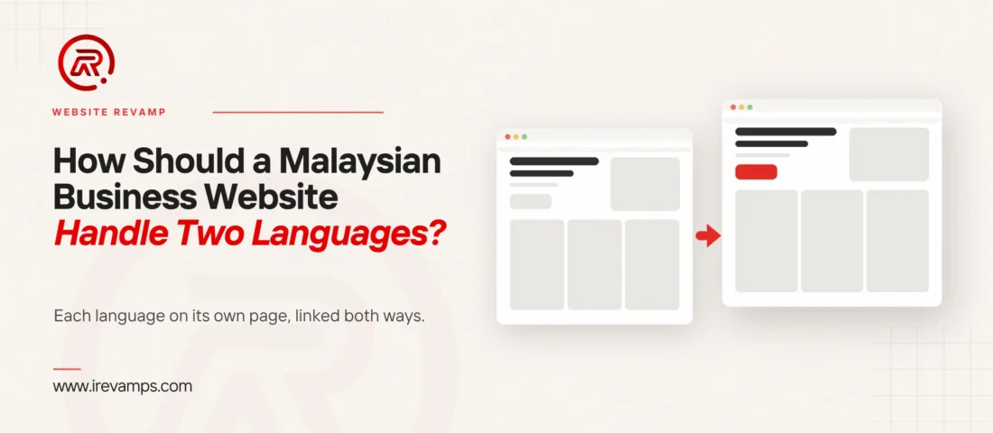 Multilingual website Malaysia: title card reading How Should a Malaysian Business Website Handle Two Languages? beside a flat illustration of two browser windows with the same layout, joined by a scarlet arrow, the second carrying a scarlet button