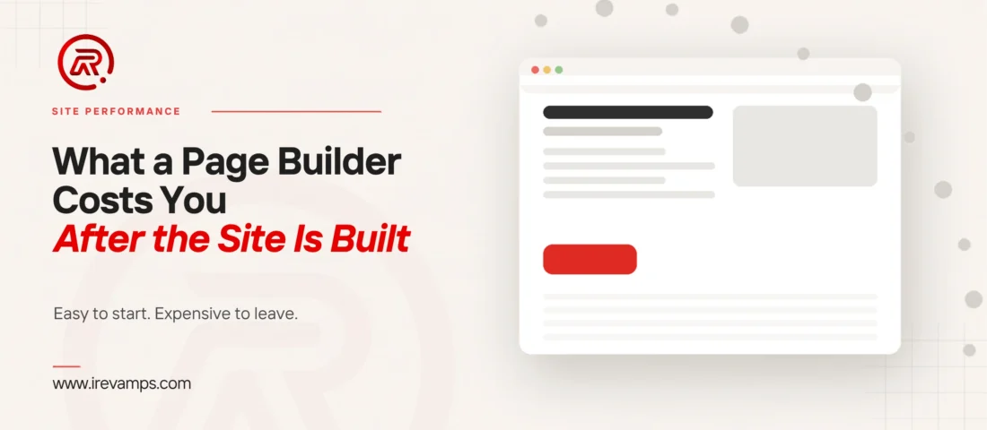 Page builder: title card beside a flat illustration of stacked page panels with one marked in scarlet