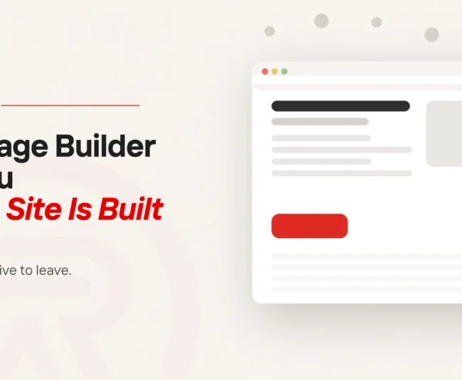 Page builder: title card beside a flat illustration of stacked page panels with one marked in scarlet