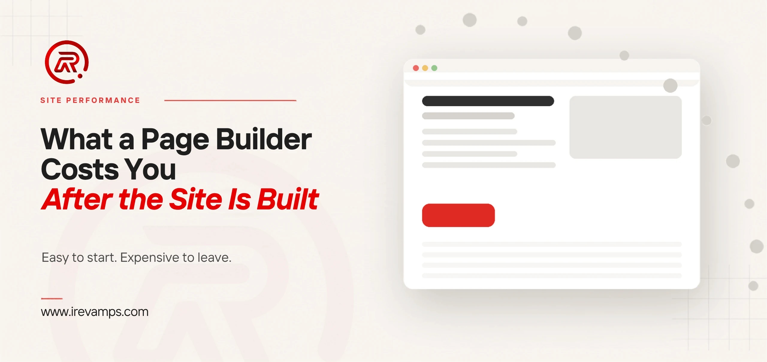 Page builder: title card beside a flat illustration of stacked page panels with one marked in scarlet