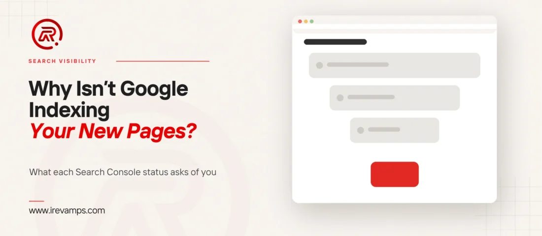 Page not indexed: title card beside a flat illustration of a browser window holding four stacked bars, each narrower than the one above it, the narrowest drawn in scarlet
