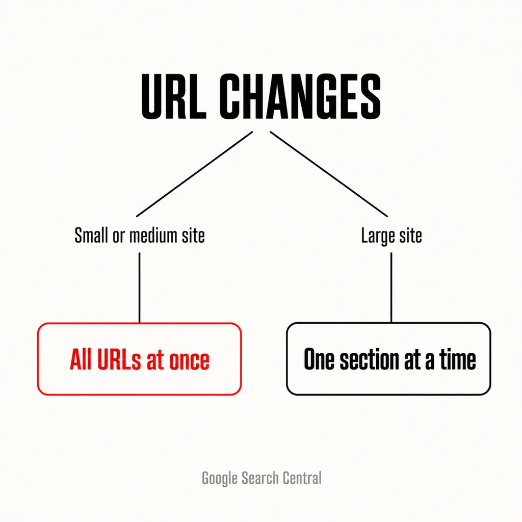 Should You Revamp Your Website in Stages or All at Once? 6 A square decision diagram headed URL CHANGES splitting into two branches: Small or medium site leading to a scarlet box reading All URLs at once, and Large site leading to a black box reading One section at a time, with a note reading Google Search Central
