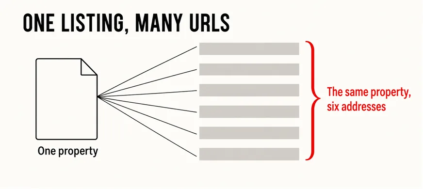 A wide labelled diagram headed ONE LISTING, MANY URLS showing a single page icon on the left fanning out through thin lines to six URL labels on the right representing sort and filter combinations, with a scarlet bracket grouping them labelled The same property, six addresses