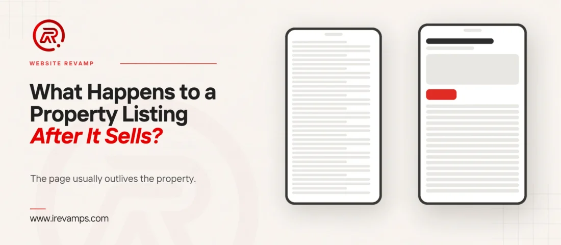 Property website: title card beside a flat illustration of page panels, one marked in scarlet