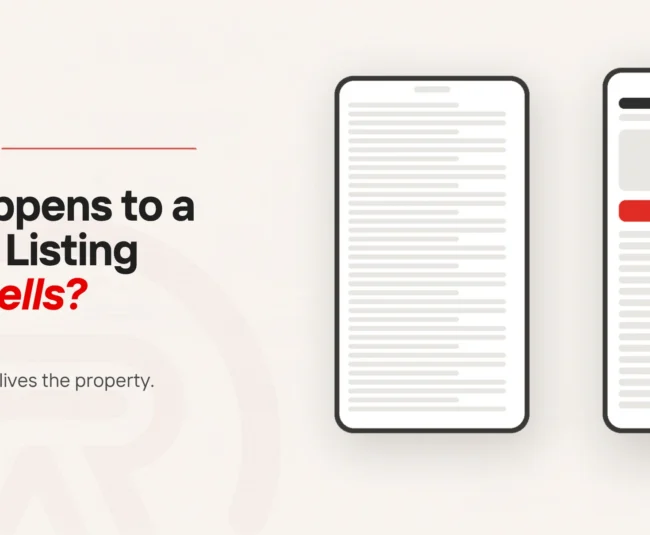 Property website: title card beside a flat illustration of page panels, one marked in scarlet