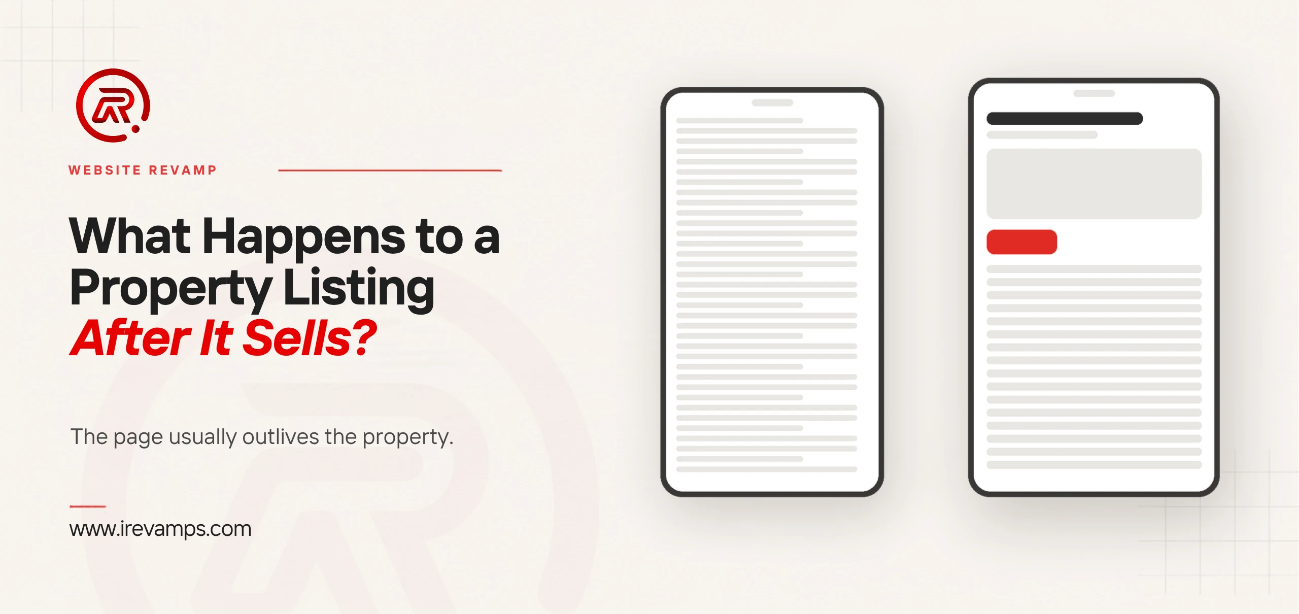 Property website: title card beside a flat illustration of page panels, one marked in scarlet
