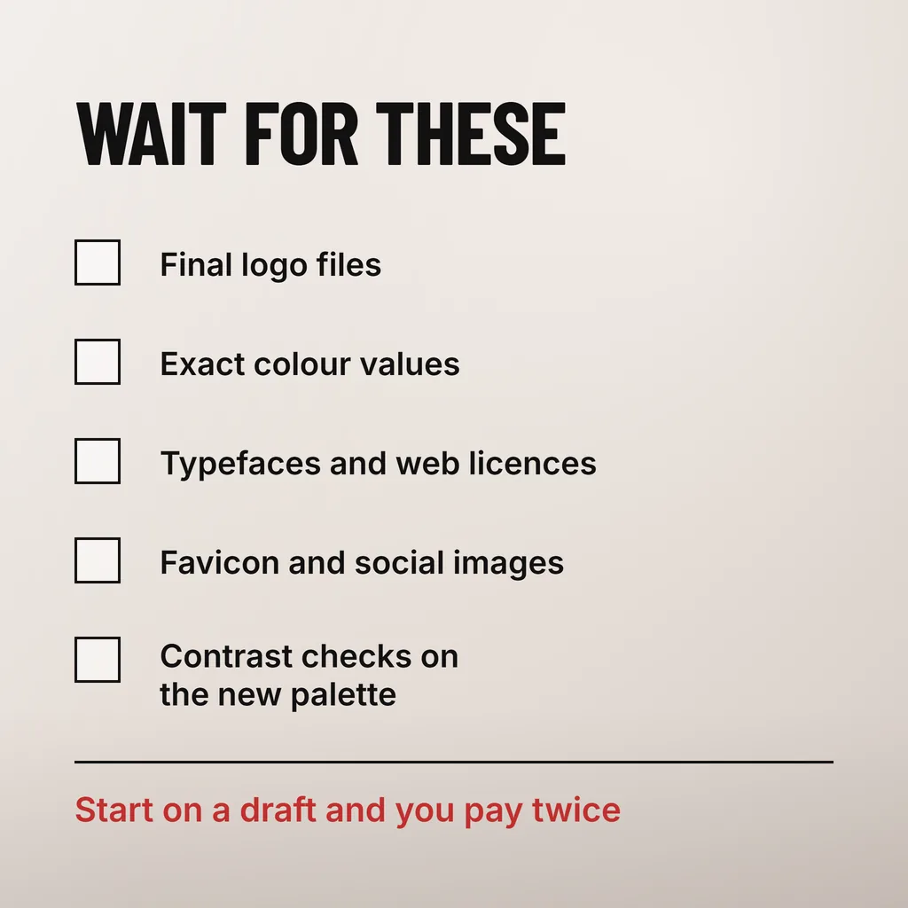 A square checklist headed WAIT FOR THESE with five empty square boxes beside Final logo files, Exact colour values, Typefaces and web licences, Favicon and social images and Contrast checks on the new palette, closed by a scarlet line reading Start on a draft and you pay twice