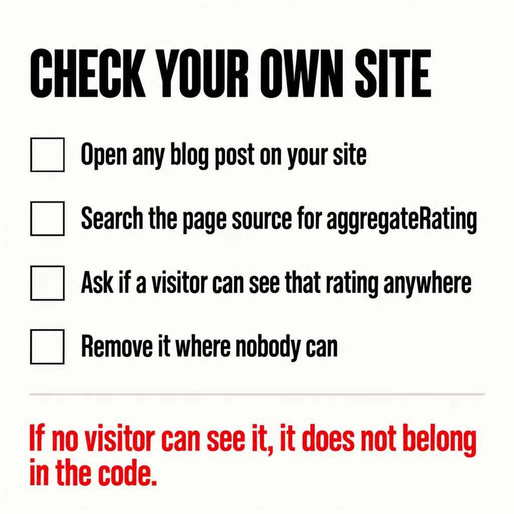 Why Are There Star Ratings on Your Blog Posts? 6 A labelled square checklist headed CHECK YOUR OWN SITE with four steps each preceded by an empty checkbox — open a blog post, view source and search for aggregateRating, ask whether a visitor can see that rating, and remove it where nobody can — above a scarlet caption reading If no visitor can see it, it should not be in the code