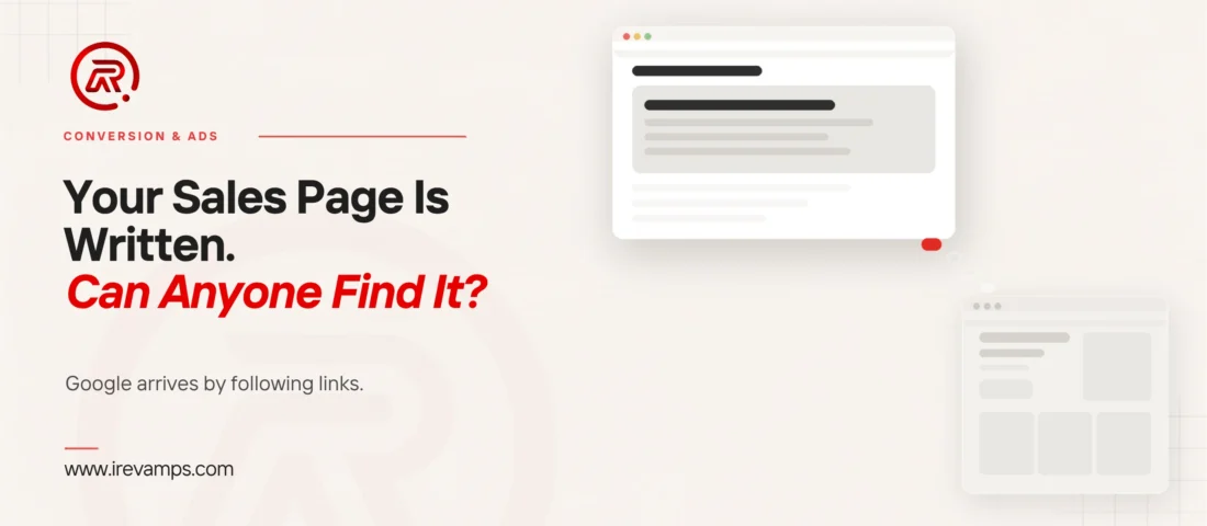 Sales page discoverability: title card beside a flat illustration of a browser window of text with a second, fainter window set apart below it and the trail between them fading out