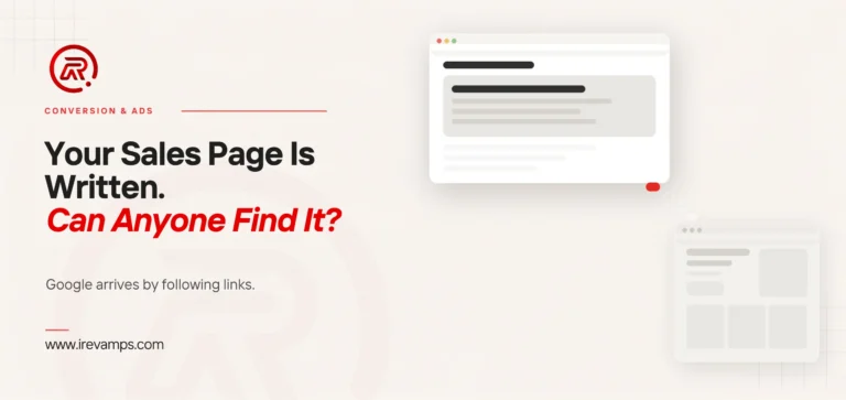 Sales page discoverability: title card beside a flat illustration of a browser window of text with a second, fainter window set apart below it and the trail between them fading out