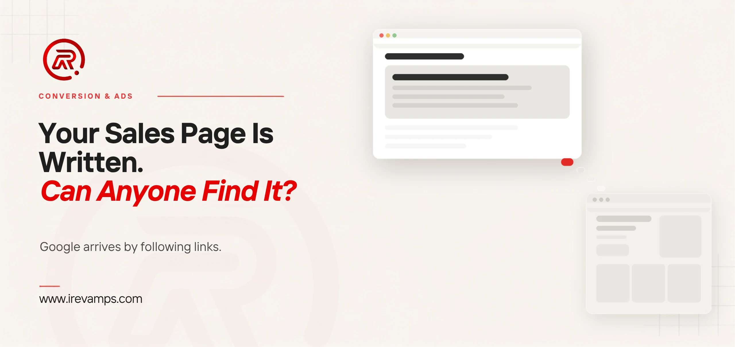 Sales page discoverability: title card beside a flat illustration of a browser window of text with a second, fainter window set apart below it and the trail between them fading out