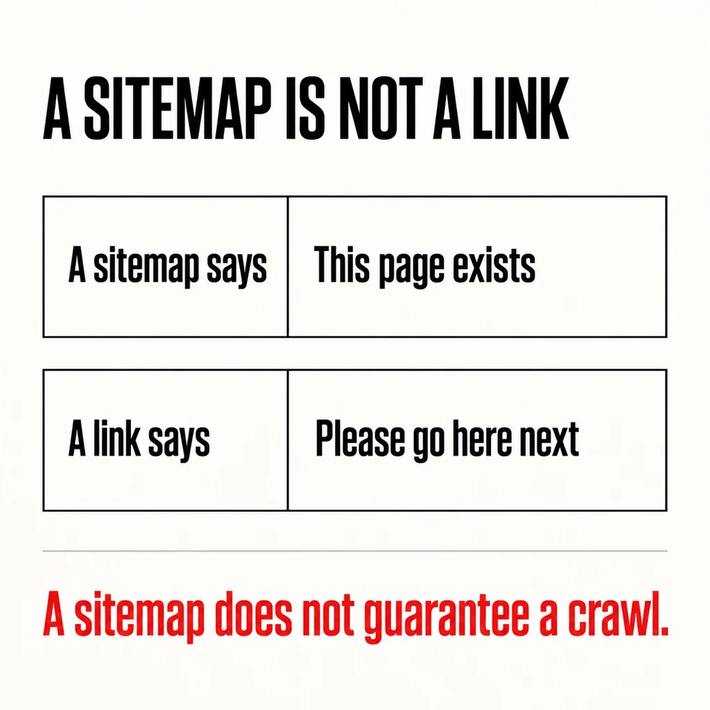 A labelled square diagram headed A SITEMAP IS NOT A LINK contrasting what a sitemap says with what a link says, above a scarlet line reading A sitemap does not guarantee a crawl