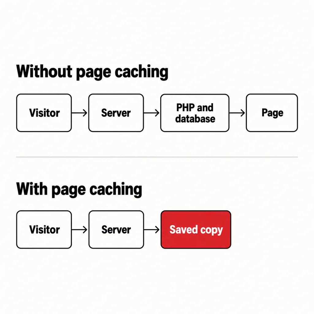 Is Your Hosting the Reason Your Website Feels Slow? 6 A square two-row flow diagram: the upper row, Without page caching, runs Visitor to Server to PHP and database to Page; the lower row, With page caching, runs Visitor to Server to a scarlet Saved copy, skipping PHP and database