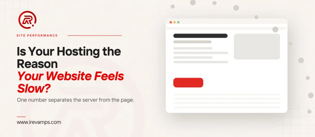 Slow website hosting: title card beside a flat illustration of a browser page with a headline, an image block and a scarlet button, and a trail of grey dots arcing over it and away without reaching the button