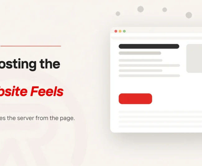 Slow website hosting: title card beside a flat illustration of a browser page with a headline, an image block and a scarlet button, and a trail of grey dots arcing over it and away without reaching the button
