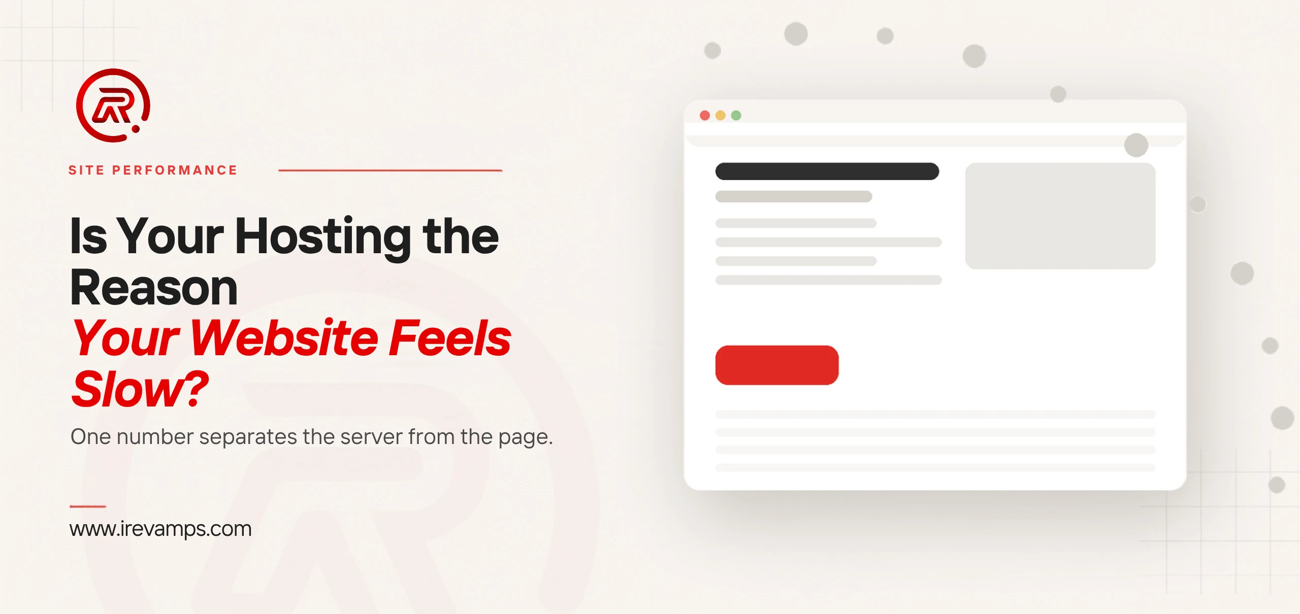 Slow website hosting: title card beside a flat illustration of a browser page with a headline, an image block and a scarlet button, and a trail of grey dots arcing over it and away without reaching the button