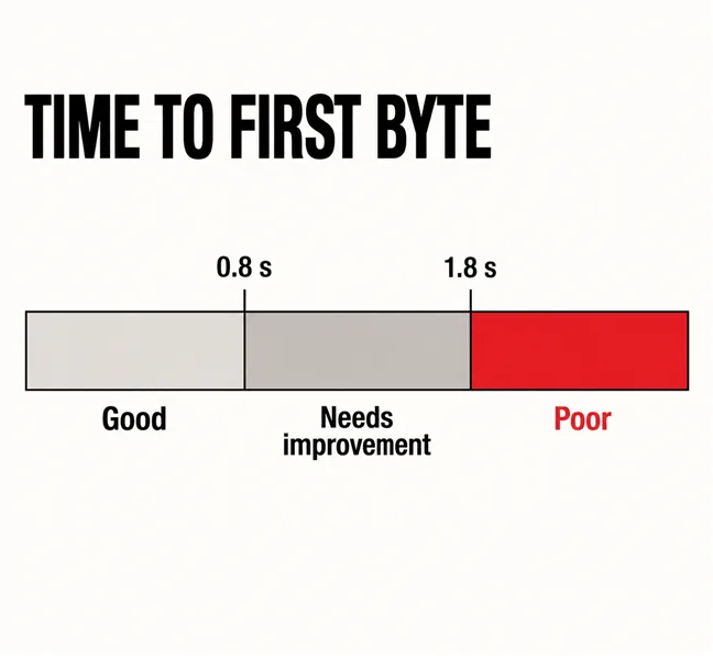 Is Your Hosting the Reason Your Website Feels Slow? 4 A labelled diagram headed TIME TO FIRST BYTE showing a horizontal bar divided into three bands labelled Good, Needs improvement and Poor, with tick marks at 0.8 s and 1.8 s and the Poor band in scarlet