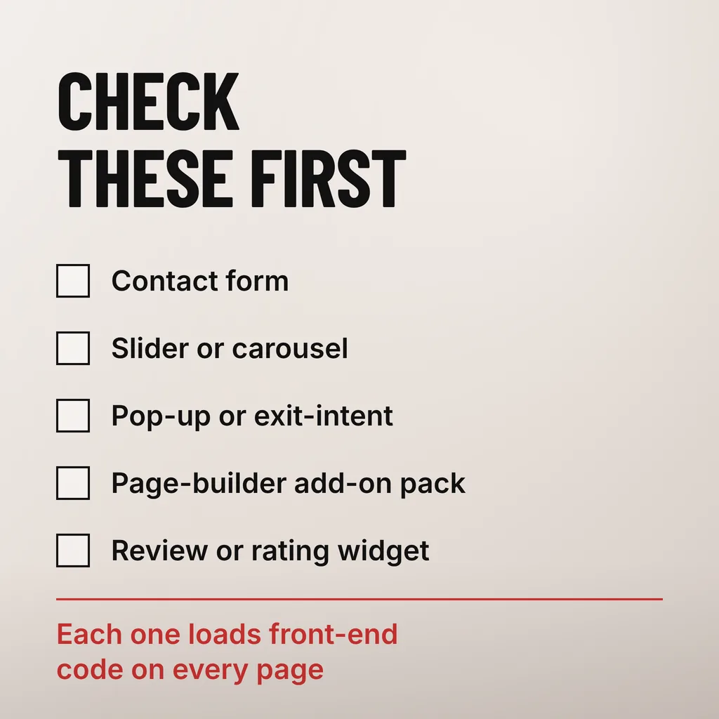 A square checklist headed CHECK THESE FIRST with five empty square boxes beside the lines Contact form, Slider or carousel, Pop-up or exit-intent, Page-builder add-on pack and Review or rating widget, closed by a scarlet line reading Each one loads front-end code on every page