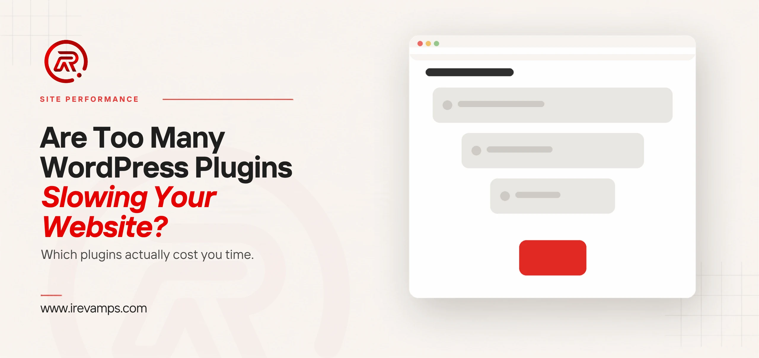 Too many WordPress plugins: title card beside a flat illustration of a browser window holding four stacked bars that each narrow further than the one above, the smallest drawn in scarlet