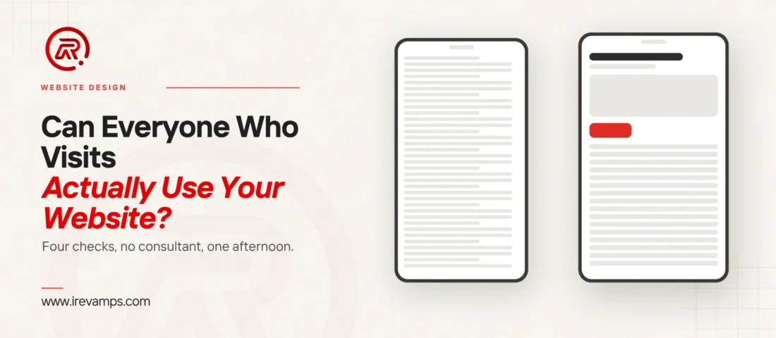 Website accessibility: title card beside a flat illustration of two phones, one crammed with small elements and one laid out with room to use