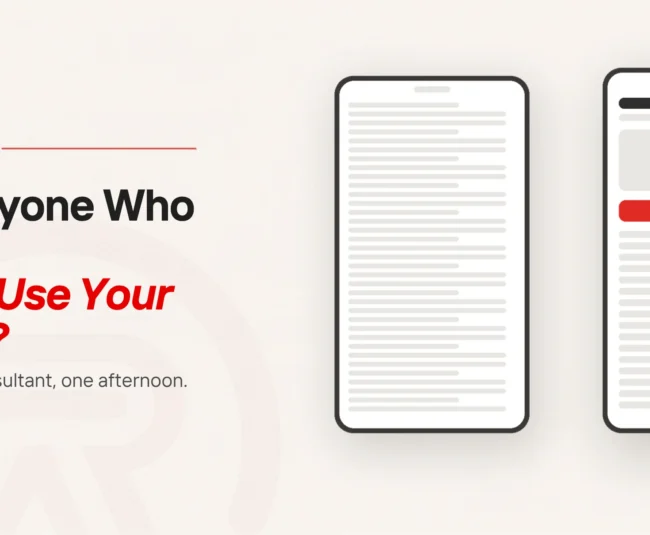 Website accessibility: title card beside a flat illustration of two phones, one crammed with small elements and one laid out with room to use