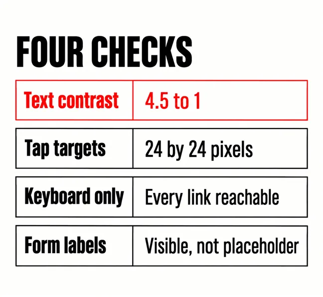 Can Everyone Who Visits Your Website Actually Use It? 4 A labelled diagram headed FOUR CHECKS showing four rows pairing a check with its threshold: Text contrast with 4.5 to 1, Tap targets with 24 by 24 pixels, Keyboard only with Every link reachable, Form labels with Visible, not placeholder, with the first row drawn in scarlet