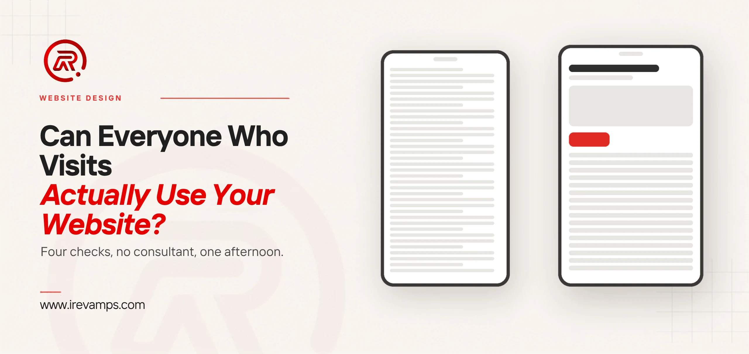 Website accessibility: title card beside a flat illustration of two phones, one crammed with small elements and one laid out with room to use