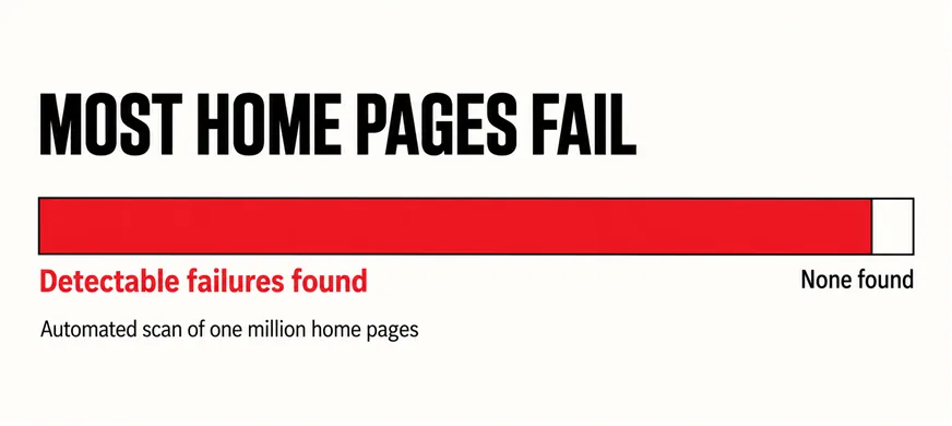 Can Everyone Who Visits Your Website Actually Use It? 5 A wide labelled diagram headed MOST HOME PAGES FAIL showing a long horizontal bar almost entirely filled scarlet with a short empty segment at the right end, the scarlet part labelled Detectable failures found and the empty part labelled None found, with a smaller black line beneath reading Automated scan of one million home pages