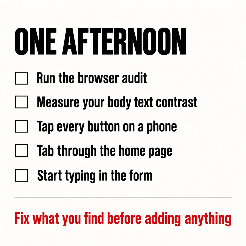 Can Everyone Who Visits Your Website Actually Use It? 6 A labelled square checklist headed ONE AFTERNOON with five steps each preceded by an empty square box: Run the browser audit, Measure your body text contrast, Tap every button on a phone, Tab through the home page, Start typing in the form, above a scarlet line reading Fix what you find before adding anything