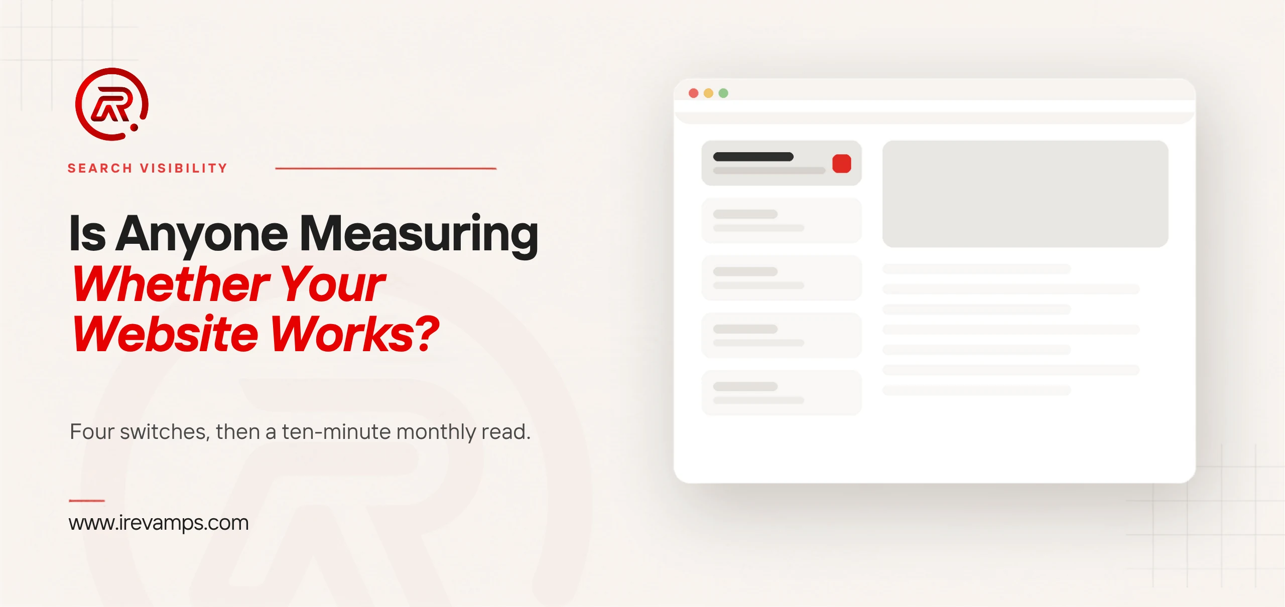 Website analytics setup: title card beside a flat illustration of a browser window with a column of list rows, the top row highlighted with a red marker, next to a blank content panel