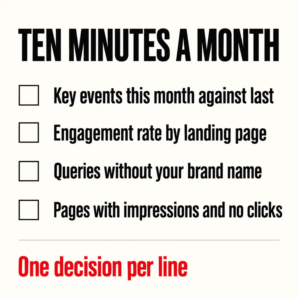Is Anyone Actually Measuring Whether Your Website Works? 6 A labelled square checklist headed TEN MINUTES A MONTH with four steps each preceded by an empty square box: Key events this month against last, Engagement rate by landing page, Queries without your brand name, Pages with impressions and no clicks, above a scarlet line reading One decision per line