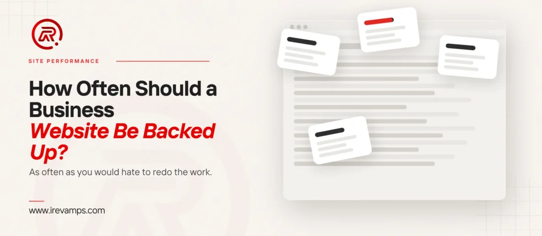 Website backup title card beside a flat illustration of four small cards scattered across a faded browser window, the top line of one card drawn in scarlet, standing for the changes that pile up on a site between one copy and the next