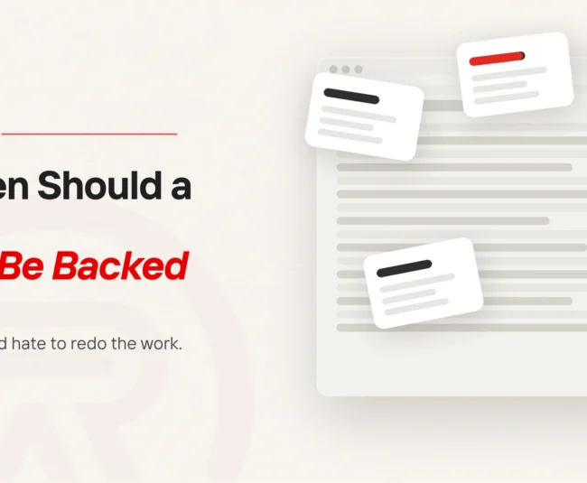 Website backup title card beside a flat illustration of four small cards scattered across a faded browser window, the top line of one card drawn in scarlet, standing for the changes that pile up on a site between one copy and the next