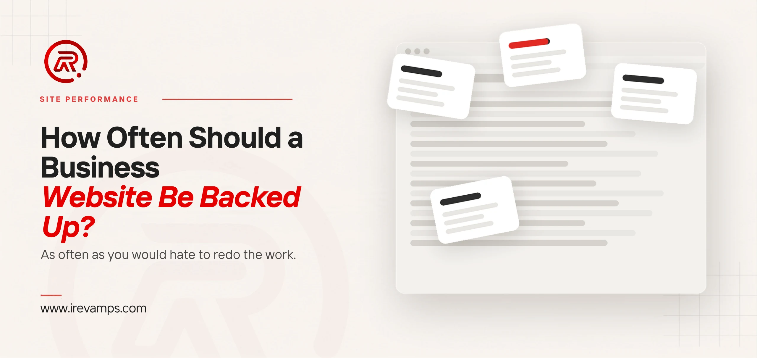 Website backup title card beside a flat illustration of four small cards scattered across a faded browser window, the top line of one card drawn in scarlet, standing for the changes that pile up on a site between one copy and the next