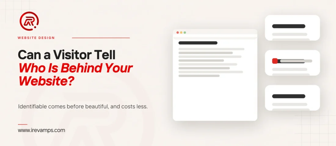 Website branding: title card beside a flat illustration of one large page panel next to three smaller stacked panels, the middle small panel carrying a scarlet marker