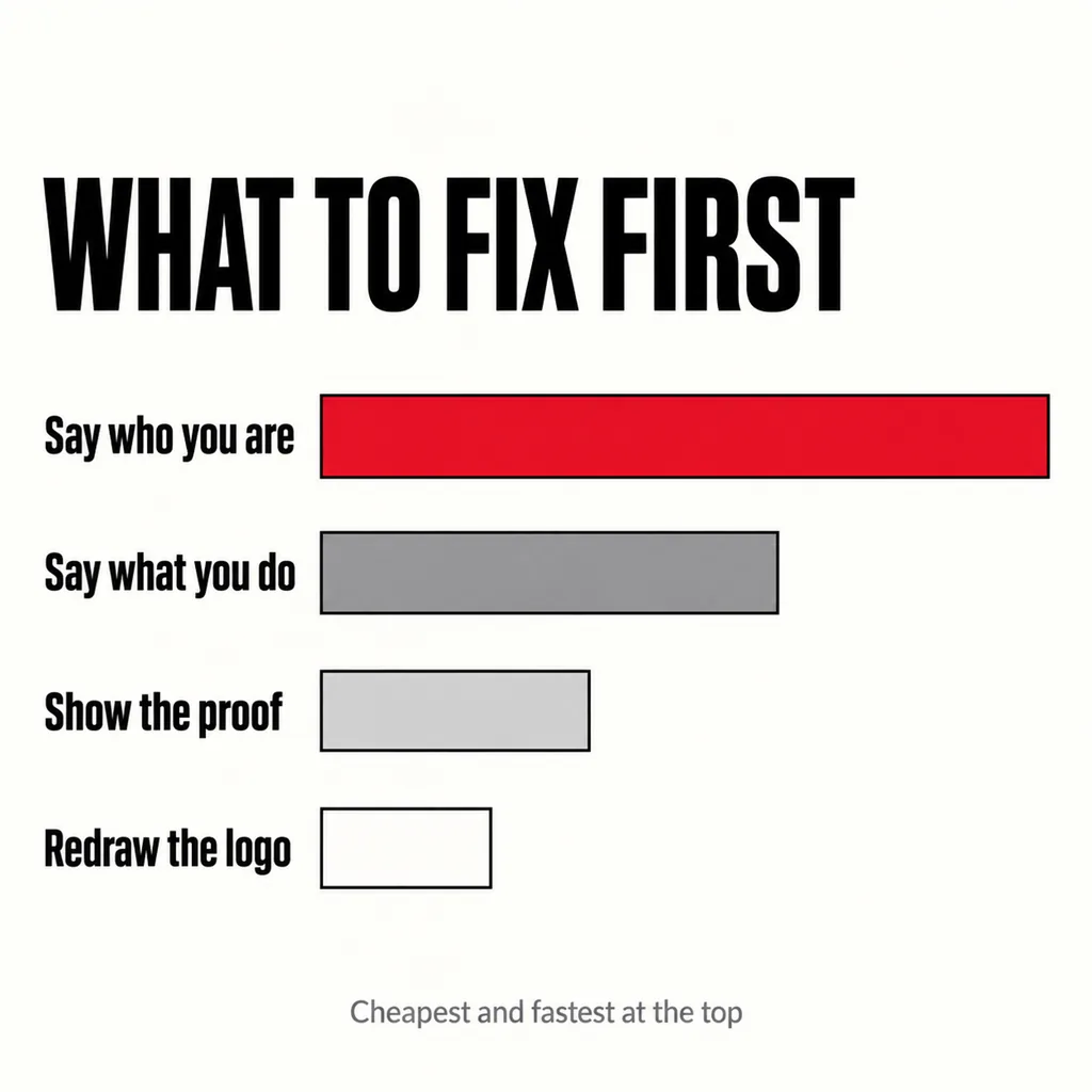 Can a Visitor Tell Who Is Behind Your Website? 6 A labelled square diagram headed WHAT TO FIX FIRST showing four stacked bars of decreasing length labelled Say who you are, Say what you do, Show the proof and Redraw the logo, with the top bar in scarlet and the bottom bar palest, and a caption reading Cheapest at the top
