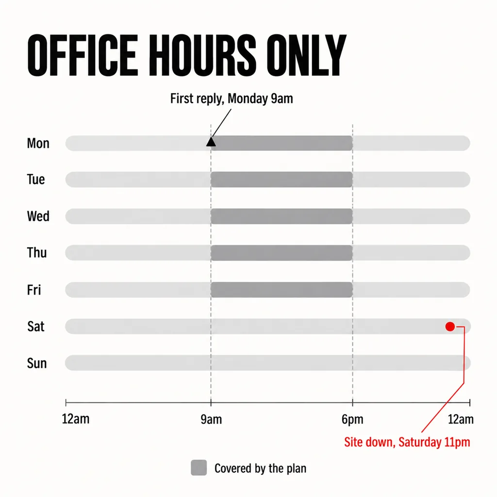 What Should a Website Care Plan Actually Include? 6 A labelled square chart headed OFFICE HOURS ONLY showing seven horizontal day bars from Mon to Sun with a time scale reading 12am, 9am, 6pm and 12am, a grey segment from 9am to 6pm on Monday to Friday captioned Covered by the plan, a scarlet dot near the end of the Saturday bar captioned Site down, Saturday 11pm, and a black marker at the start of Monday's grey segment captioned First reply, Monday 9am