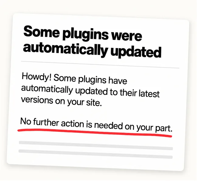 What Should a Website Care Plan Actually Include? 4 An illustrated email notification card headed Some plugins were automatically updated, with the body text Howdy! Some plugins have automatically updated to their latest versions on your site. and No further action is needed on your part., the last sentence underlined by hand in scarlet