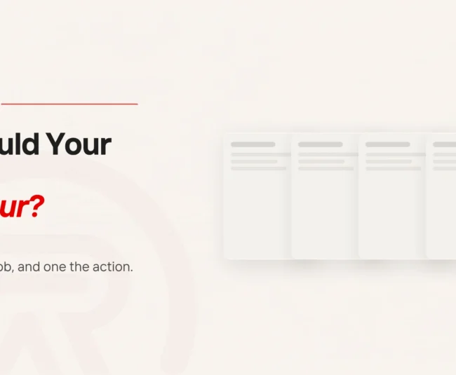 Website colour scheme: title card beside a flat illustration of five page cards in a row, the first four pushed back and faded into the background and the fifth brought forward in white, carrying a dark heading bar, faint lines of text and one small scarlet button