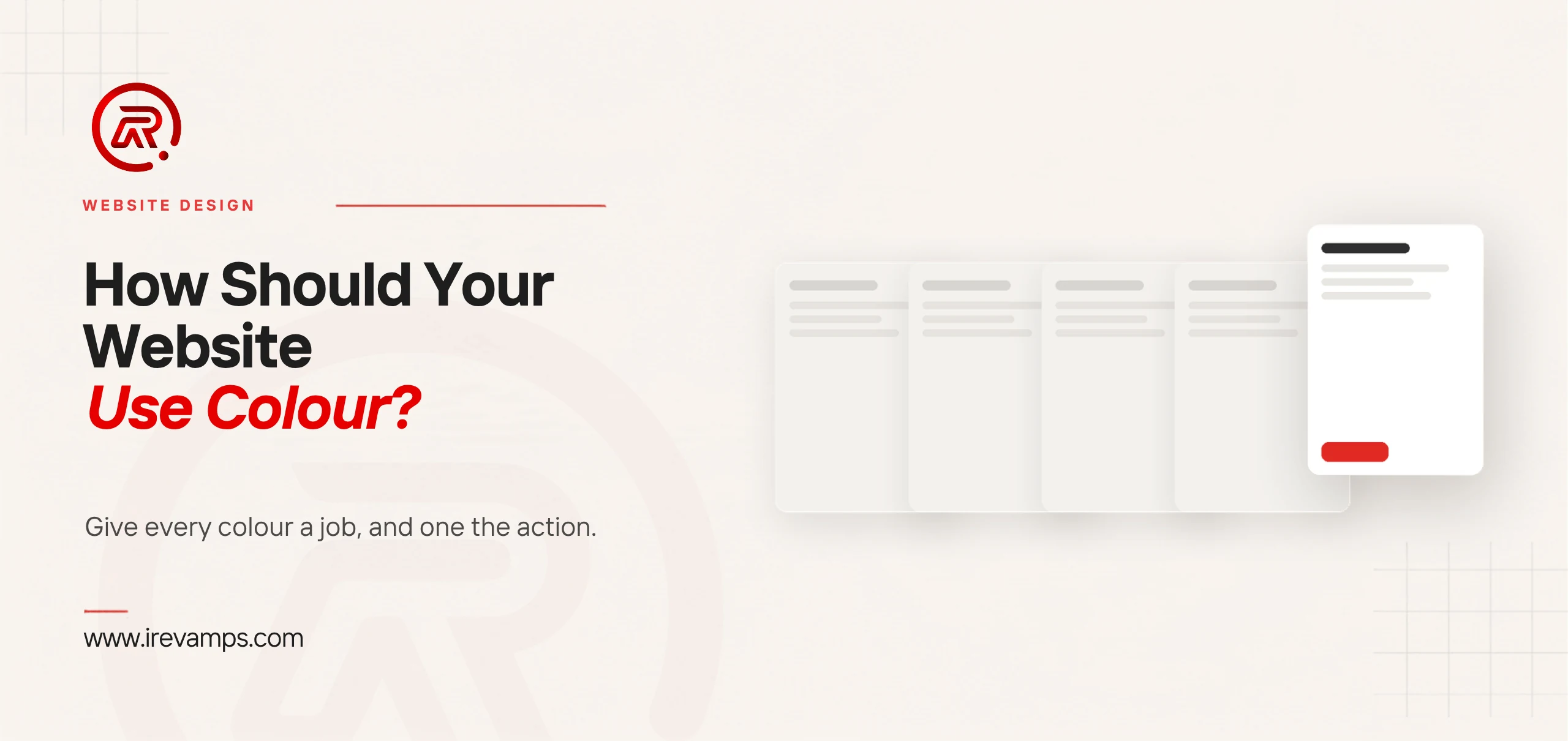 Website colour scheme: title card beside a flat illustration of five page cards in a row, the first four pushed back and faded into the background and the fifth brought forward in white, carrying a dark heading bar, faint lines of text and one small scarlet button