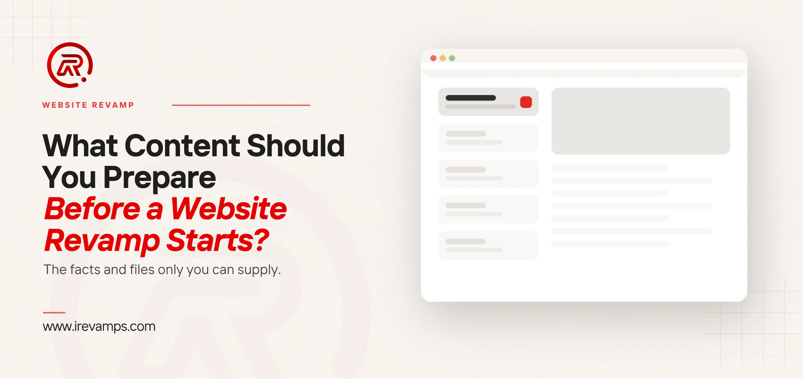 Website content before revamp: title card beside a flat illustration of a built browser page with five stacked content areas, only the top one filled with real text and the four below left as empty grey bars