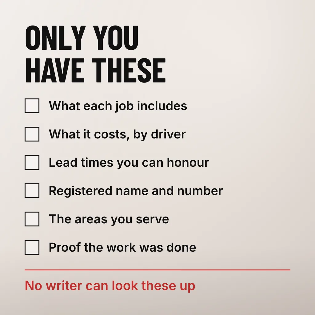What Content Should You Prepare Before a Website Revamp Starts? 6 A square checklist headed ONLY YOU HAVE THESE with six empty square boxes beside the lines What each job includes, What it costs, by driver, Lead times you can honour, Registered name and number, The areas you serve and Proof the work was done, closed by a scarlet line reading No writer can look these up