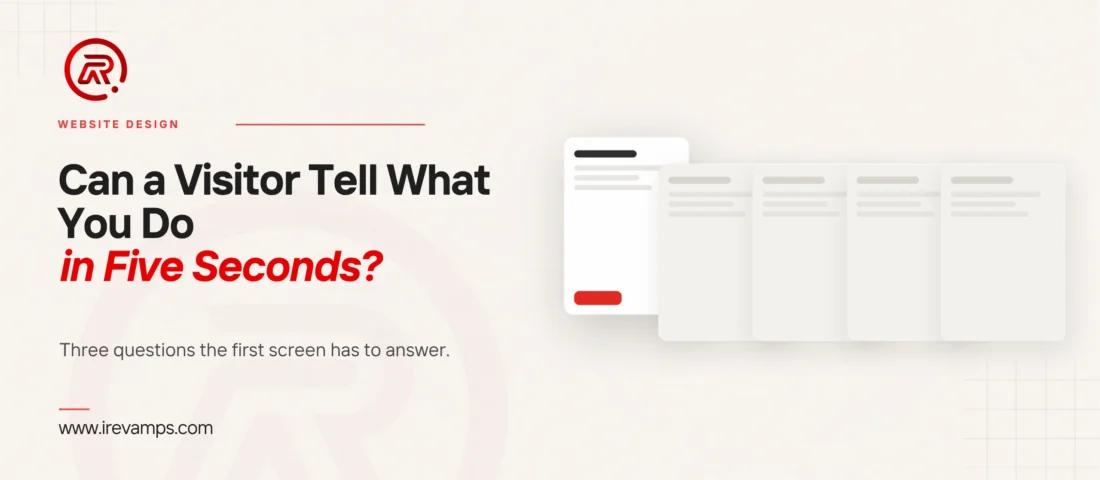 Website copywriting: title card beside a flat illustration of a row of page cards, most pushed back and faded, one brought forward