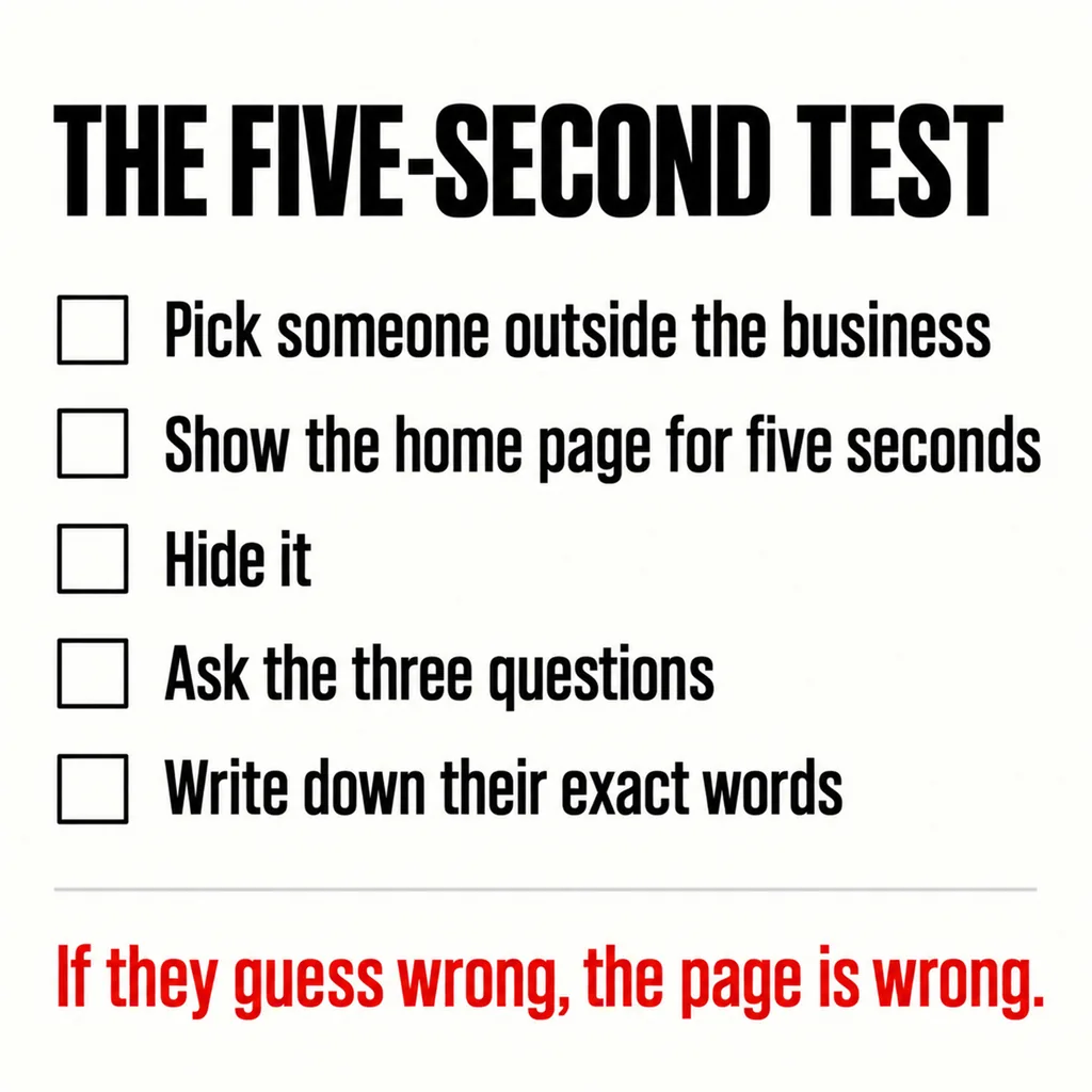 Can a Visitor Tell What You Do in Five Seconds? 6 A labelled square checklist headed THE FIVE-SECOND TEST with five steps each preceded by an empty square box: Pick someone outside the business, Show the home page for five seconds, Hide it, Ask the three questions, Write down their exact words, above a scarlet line reading If they guess wrong, the page is wrong