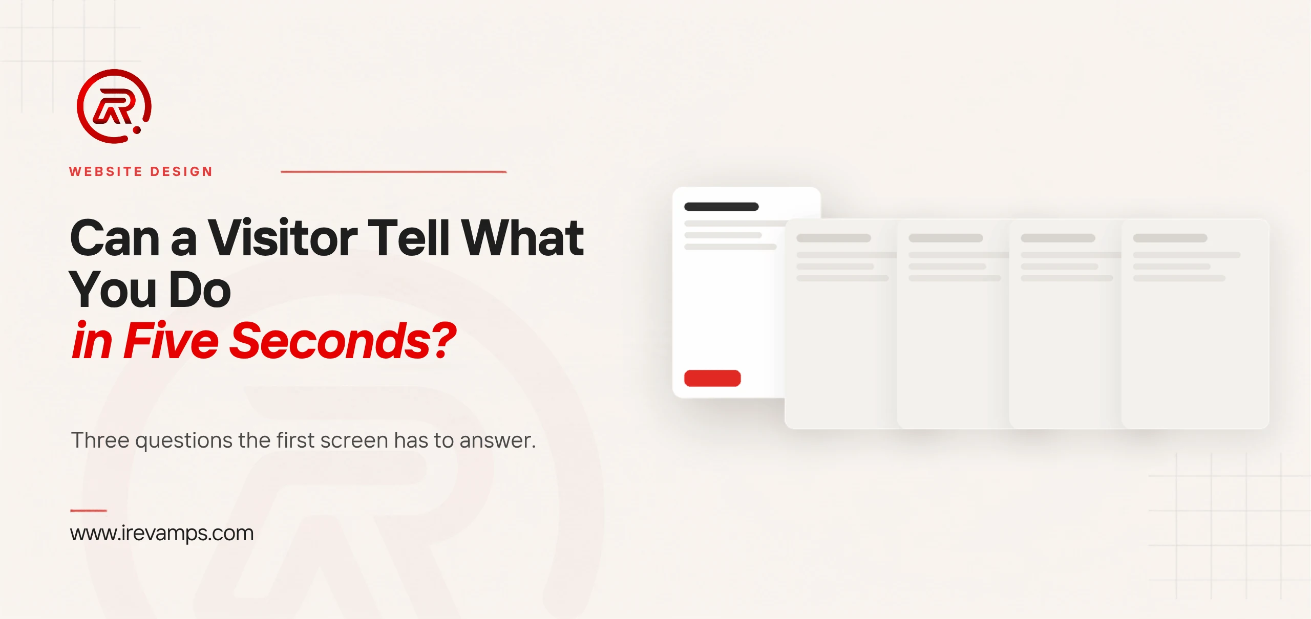 Website copywriting: title card beside a flat illustration of a row of page cards, most pushed back and faded, one brought forward